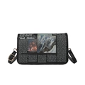 Minimalist black shoulder bag with newspaper print and mountain illustration - Black