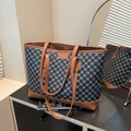 Minimalist tote bag with dark grey geometric pattern and brown leather trim details - Black