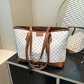 Elegant large capacity tote bag with vintage pattern and brown leather straps for commuting - White