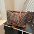 Vintage brown geometric pattern tote bag with leather trim and long shoulder strap - Brown