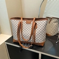 Brown leather trim tote bag with beige geometric pattern and FASHION & BAG label - Khaki