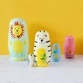 Set of 5 wooden nesting dolls featuring painted lion, tiger, monkey, pig, and bird animals - Animal Series (TW-SG0535)