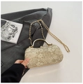 Sac de soirée élégant en dentelle blanc cassé avec strass et poignée dorée - Doré