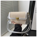 Dettaglio borsa in tela intrecciata beige con finiture argento e fibbia dorata - Argento