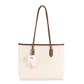 Large capacity beige and brown tote bag with long handles and a pink plush charm - Off-White (With Pendant)