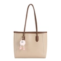 Large beige tote bag with dark brown handles and a cute pink plush charm accessory - Khaki (With Charm)