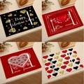 Sets de table en lin Saint-Valentin avec cœurs dorés et motifs texte Be Mine - Ensemble Confession de Coeur 4Pcs (VPM003)