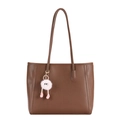 Large brown tote bag in smooth leather with a cute pink plush monster pendant - Brown (With Pendant)