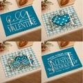 Set de sets de table en lin avec motifs de cœur bleus et typographie Valentine - Ensemble Carreaux Romantiques Bleus 4Pcs (VPM006)