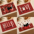 Sets de table en lin avec chats noirs et cœurs rouges pour décoration de Saint-Valentin - Ensemble Chat Coeur Mignon 4Pcs (VPM012)