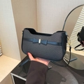 Minimalist black woven texture shoulder bag with elegant bow and gold buckle detail - Black