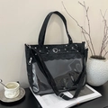 Black ita tote bag with pleated texture and clear window for pins and badges - Black