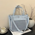 Light blue ita tote bag with heart buckle and transparent window for pins display - Blue