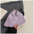 Detailed view of lavender purple jacket-shaped bag with silver buttons and chain strap - Purple