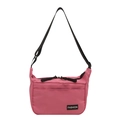 Pink crescent nylon crossbody bag with adjustable wide black strap and fashion label - Rose Pink