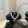 Black ruched cloud evening bag with large pearl handle and silver metal chain strap - Black