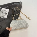 Silver lace evening bag with rhinestones, gold ring handle, and fine chain strap - Silver