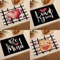 Lot de 4 sets de table de la Saint-Valentin en lin avec cœurs et lettrage Love You - Ensemble Langage Chat Noir Blanc 4Pcs (VPM018)