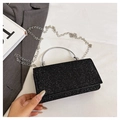 Elegante borsa da sera con paillettes nere, manico circolare argento e tracolla - Nero