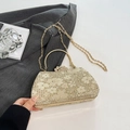 Elegant gold lace evening clutch with crown clasp and sparkling rhinestone details - Gold