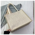 Chic linen tote bag with white floral lace embroidery and reinforced canvas handles - Dark Khaki