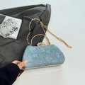 Light blue lace clutch bag with crown clasp and golden ring handle for women - Blue