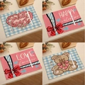Set de table en lin avec motifs cœurs et ours pour décoration de Saint-Valentin - Ensemble Ours en Peluche Rose Bleu 4Pcs (VPM029)