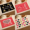 Lot de quatre sets de table en lin pour la Saint-Valentin avec cœurs et lettrage - Ensemble Langage Coeur Noir Or 4Pcs (VPM030)