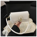Minimalist white leather flap bag with round gold hardware and wide shoulder strap - White