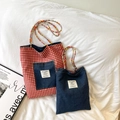 Retro denim tote bag in red plaid patchwork with colorful braided rope handles - Large