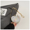 Sparkling silver heart-shaped evening clutch bag with colorful feathers and gold chain - Silver