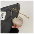 Golden heart-shaped sequin clutch bag featuring colorful feather patterns and chain strap - Pink