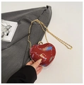 Red heart-shaped sequin handbag with colorful feather patterns and gold chain strap - Red