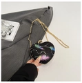 Black heart-shaped handbag with colorful feather print and gold chain strap - Black