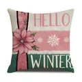 Kussensloop van linnen voor Kerst met Hello Winter tekst, roze bloemen en sneeuwvlokken - Hallo Winter Bloemenstijl (YMA50-2)