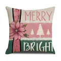 Linnen kerstkussenhoes met roze bloemen en Merry Bright feestelijke print - Merry Bright Dennen Stijl (YMA50-3)