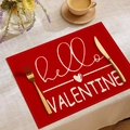Detail eines roten Valentinstag Tischsets aus Leinen mit hello VALENTINE Schriftzug - 30x45cm / Hello Valentine roter Kunstbuchstabe
