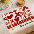 Valentinstag-Tischset aus Leinen mit roten Herzen und Love you more-Schriftzug - 30x45cm / Love You More Buchstabe Karo-Herz