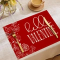 Detailaufnahme von rotem Platzset mit weißem Rosenmuster und hello VALENTINE Schriftzug - 30x45cm / Hello Valentine Rote Basis Weiße Rose
