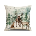Linen pillow cover featuring watercolor forest deer and fox illustration on beige - Forest Reindeer (YMA73-4)