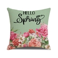 Kissenbezug Leinen Salbeigrün mit Blumenmuster und HELLO Spring Schriftzug Dekor - Frühlingsblumen Hello Stil (YMS68-4) / 45x45cm(Nur Bezug)