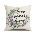 Linen square pillowcase with home sweet home text and lavender flower wreath - 45x45cm(Case Only) / Yms69-1