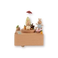 Handcrafted wooden rabbit music box featuring animated picnic scenes and skating bunny - Skateboard Rabbit