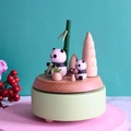 Panda themed wooden music box with bamboo and mushroom figurines in a forest scene - Panda's Afternoon / Green