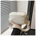 Detail of white faux leather crossbody bag with ethnic geometric woven wide strap - White