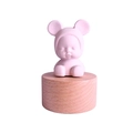 Pink sleeping baby doll wooden music box with animal hood design and natural wood base - Pink