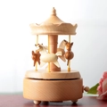 Handcrafted wooden carousel music box with natural grain and three rotating horses - 18*11cm / Natural Wood Color