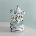Blue and white wooden carousel music box with golden accents and four horses - 10*17CM / Blue Floral Style
