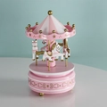 Nordic wooden carousel music box in pink and white stripes with four white horses - 10*17CM / Pink Star Style