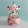 Pink and white wooden carousel music box with golden trim and four decorative horses - 10*17CM / Pink Flower Style